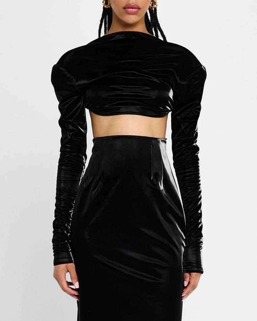 LaQuan Smith Portrait-Neck Long-Sleeve Backless Crop Top 1