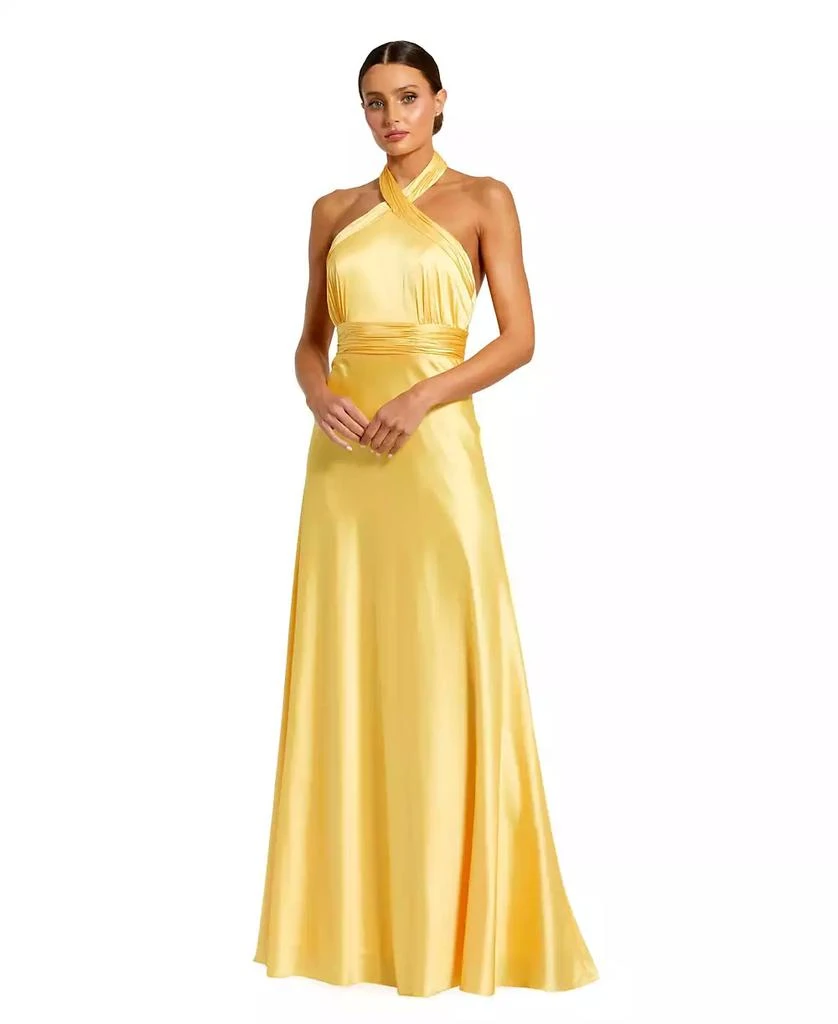 Mac Duggal omen
s Ruched Halter Neck Tie Back Satin Gown