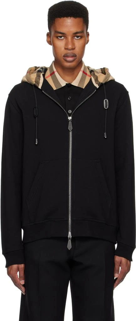 Burberry Black Check Hood Cotton Zip Hoodie 1