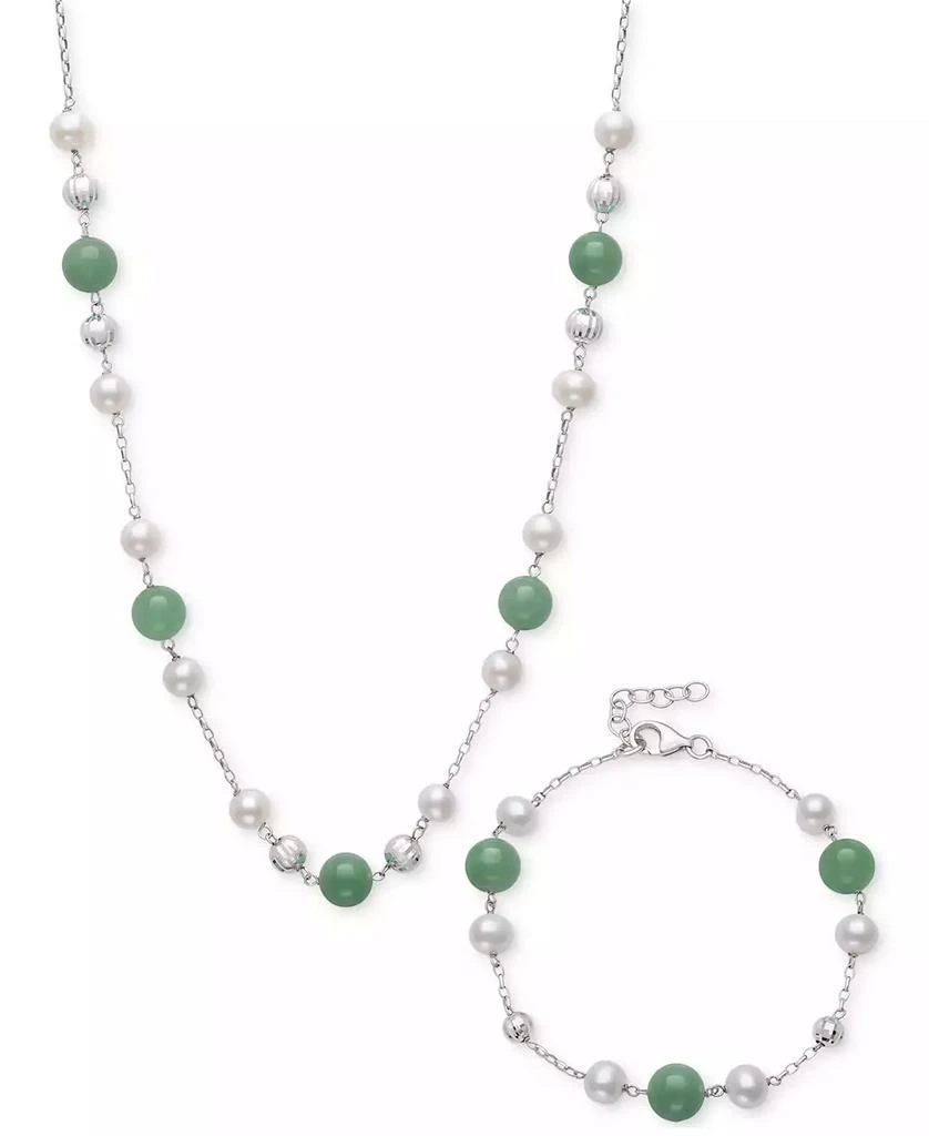 Macy's 2-Pc. Set Dyed Green Jade & Cultured Freshwater Pearl (6-7mm) Collar Necklace & Bracelet in Sterling Silver 1