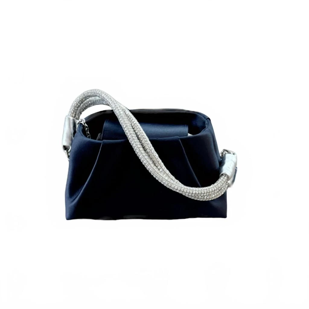 Cejon Satin Pleated Evening Bag In Navy/silver