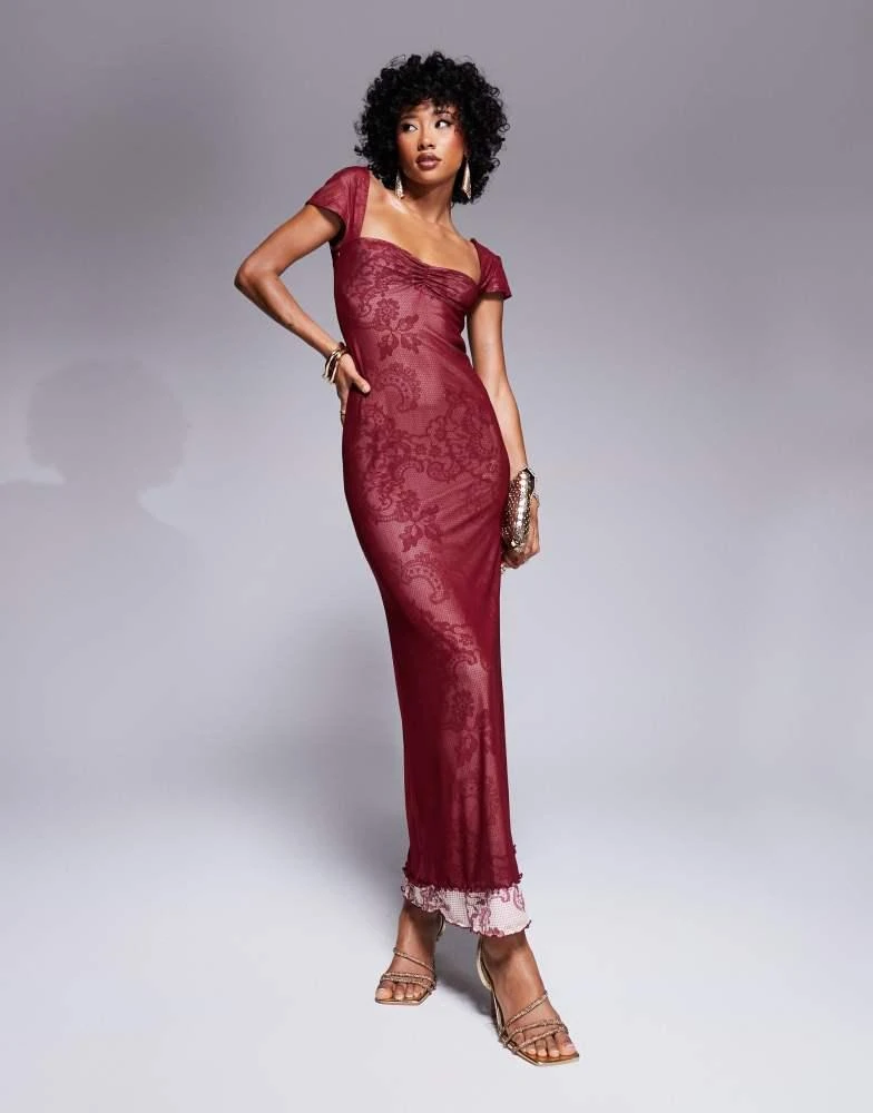 ASOS ASOS DESIGN sweetheart neckline double layer mesh and lace print maxi  dress in burgundy - Dresses & Skirts - Compare Prices from 6+ Stores -  BeyondStyle
