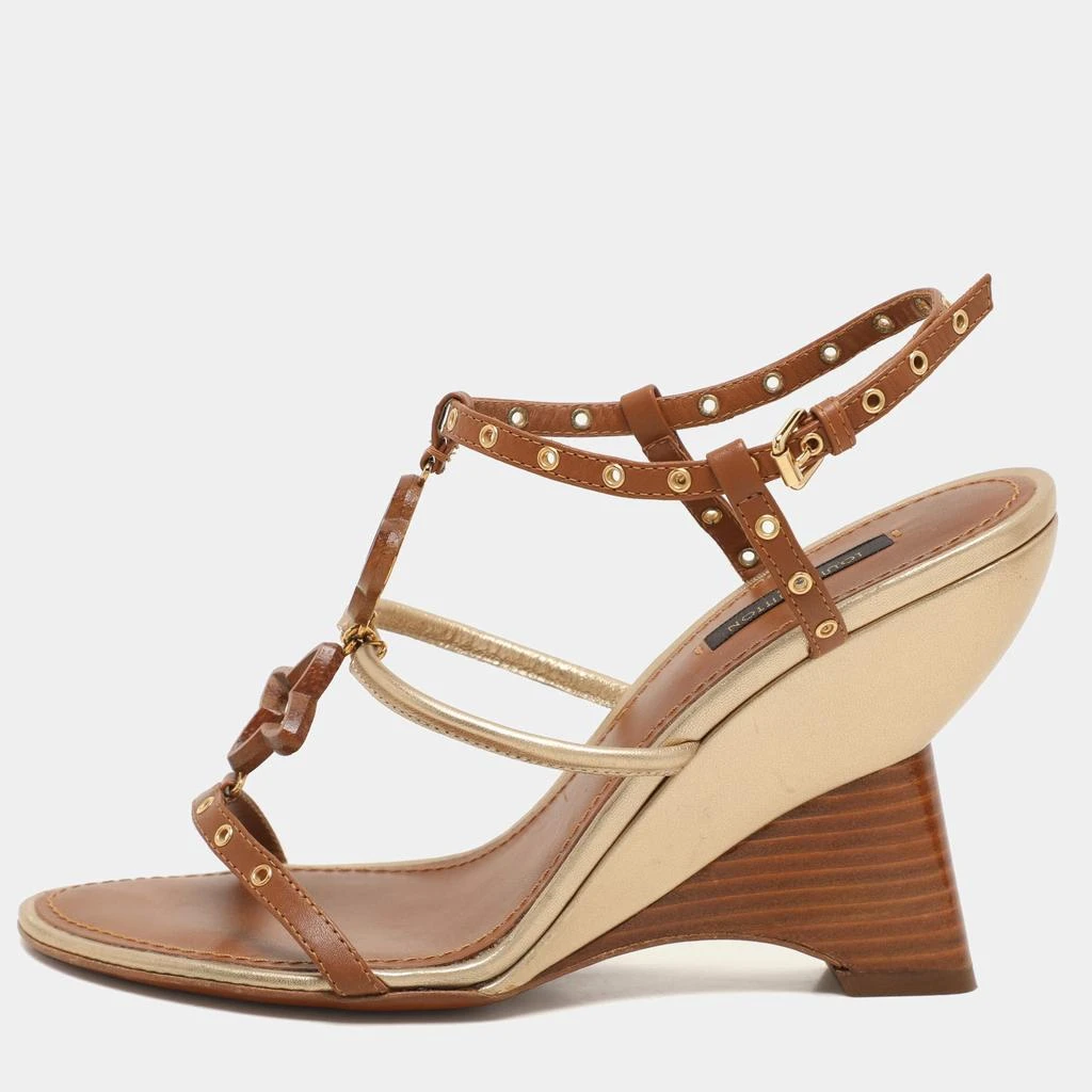 Louis Vuitton Louis Vuitton Brown Leather Eyelet T-Strap Wedge Sandals Size 38.5 1