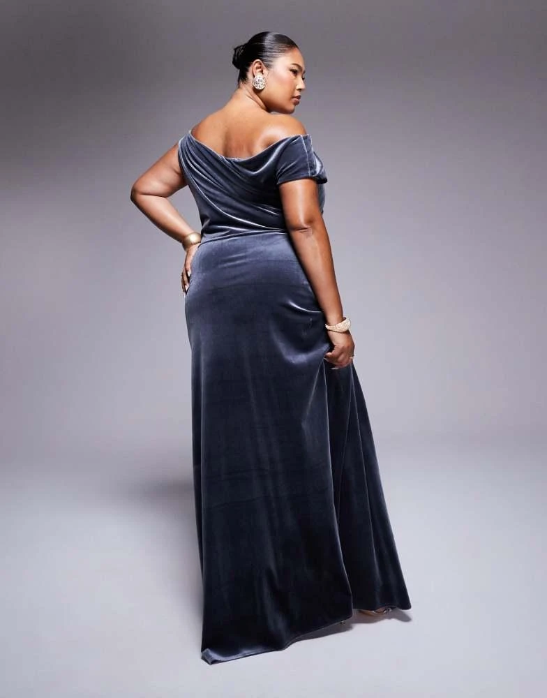 ASOS ASOS DESIGN Curve velvet premium asymmetric drape detail maxi dress with side split in charcoal 2