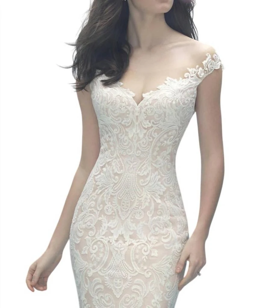 Allure Bridals Off-Shoulder Lace Gown With Detachable Tulle Train In Champagne/ivory/silver 3