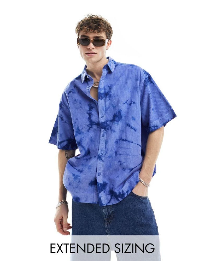 ASOS ASOS DESIGN short sleeve oversized tie dye cord shirt in blue 1