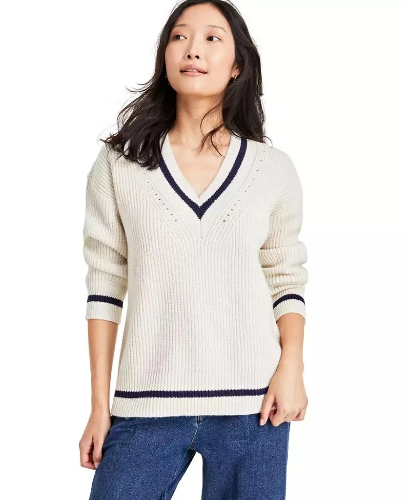 On 34th Women's Heather Varsity-Stripe V-Neck Sweater, Created for Macy's 1