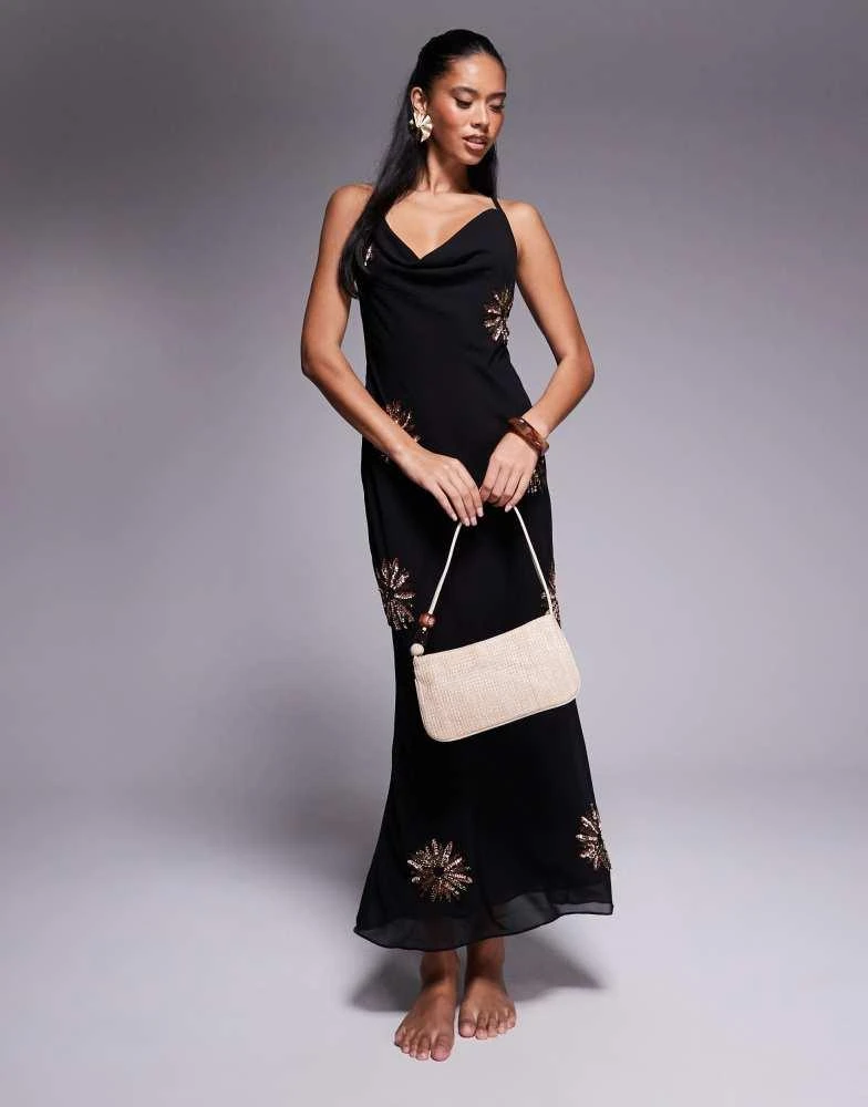knee length dresses for ladies Black Cowl Neck Adjustable Strap Maxi Dress - All Dresses