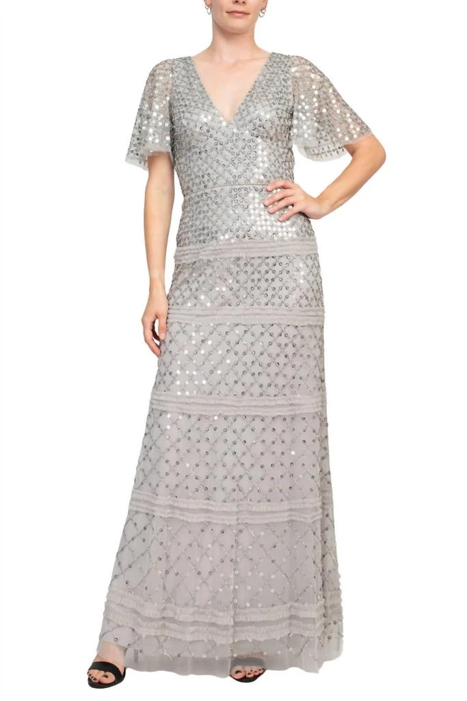 Aidan Mattox V-Neck Sequined Piping Detail Mesh Gown In Silver Dove