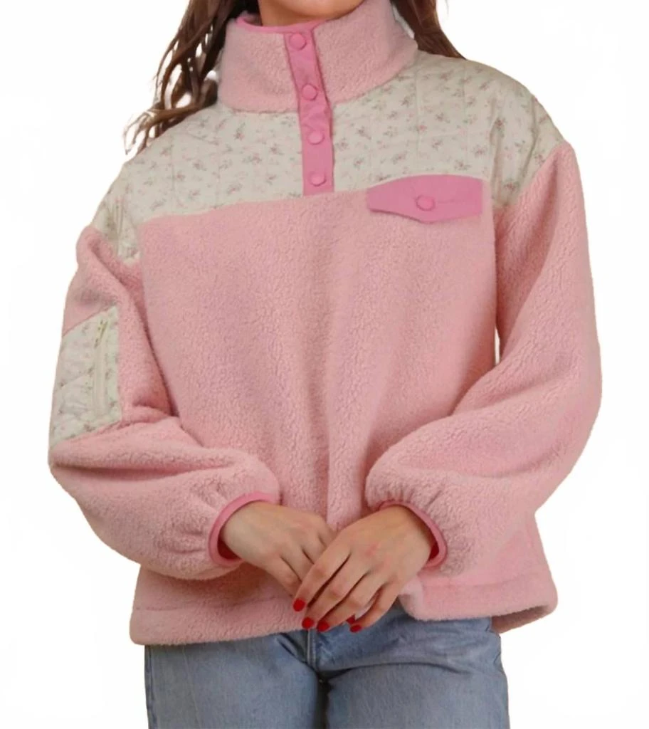 VERY J Floral Fleece Pullover In Pink