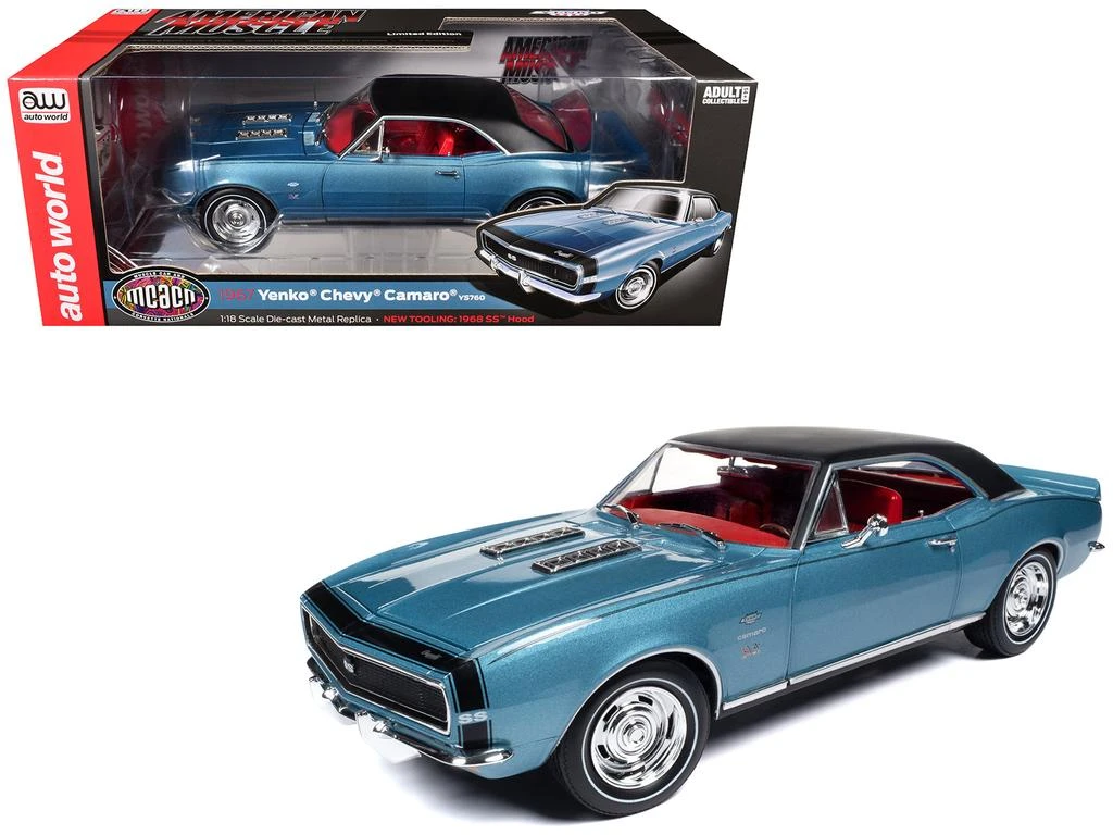 Autoworld 1967 Chevrolet Yenko Camaro YS760 Nantucket Blue Metallic Black Stripes Black Vinyl Top Red Interior MCACN 1/18