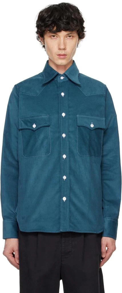 Drake's Blue Corduroy Two-Pocket Western Shirt 1