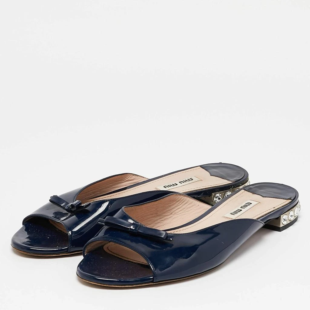 Miu Miu Miu Miu Blue Patent Leather Crystal Embellished Bow Flat Slides Size 38.5 2