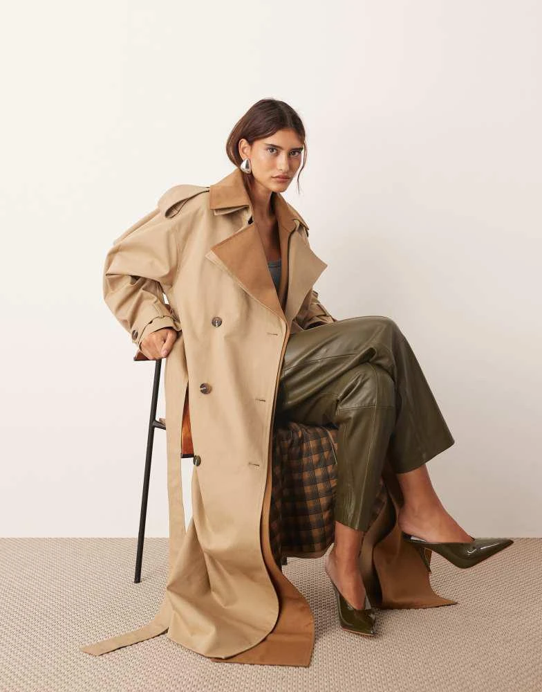 ARRANGE ARRANGE two tone lapel double breasted trench coat in tan from ASOS