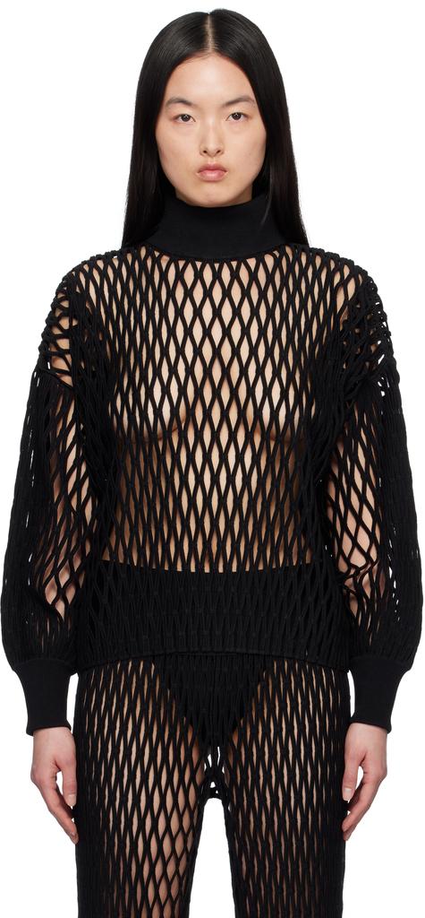 Alaïa Black Macramé Knit Loose Turtleneck - Sweaters - BeyondStyle