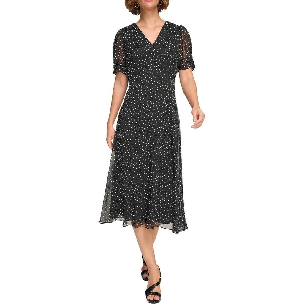 DKNY Petites Womens Polka Dot Chiffon Midi Dress 1