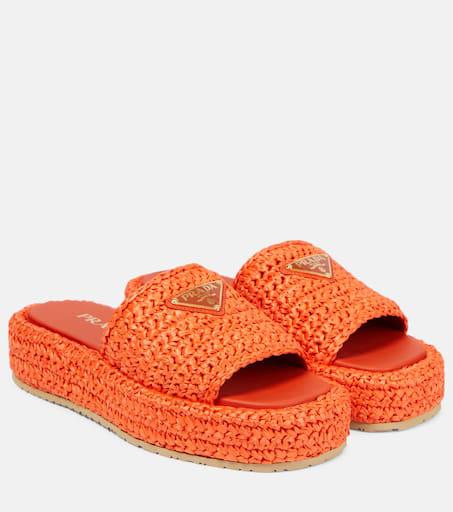 Prada Logo raffia platform slides