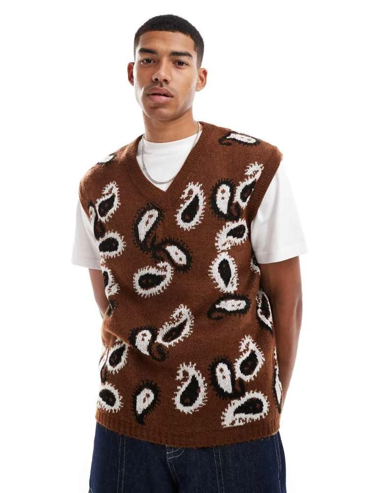 ASOS ASOS DESIGN relaxed knitted fluffy v-neck tank in brown paisley pattern 1