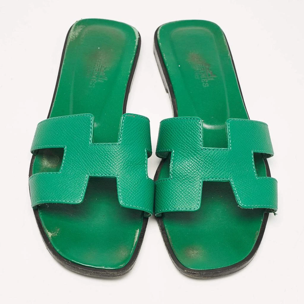 Hermes Hermes Green Leather Oran Slide Sandals Size 37 3