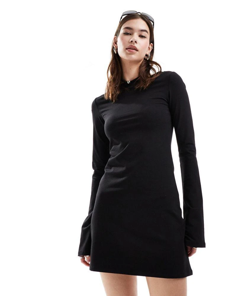 Weekday Weekday Serena boat neck long sleeve mini dress with trumpet sleeves in black 2