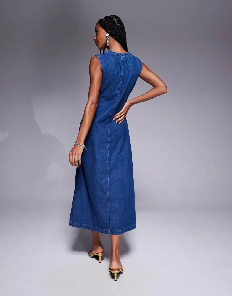 ASOS Design round neck denim maxi dress with button front opening in mid blue