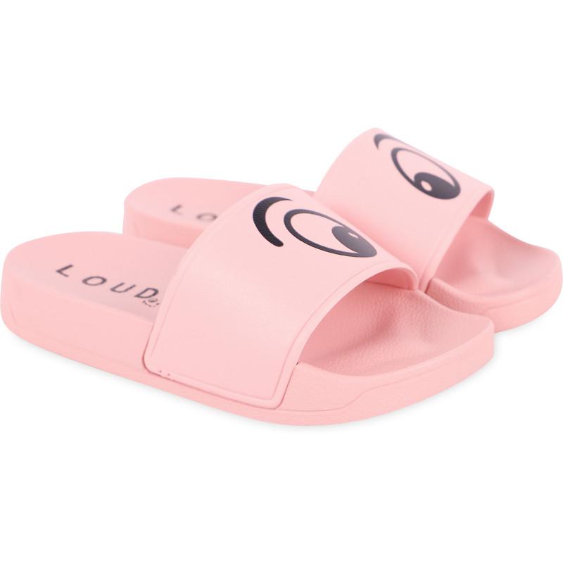 Loud Apparel Logo eye print slide sandals in pink