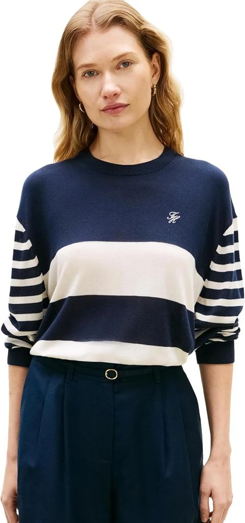 Tommy Hilfiger Tommy Hilfiger Women's Layering Long Sleeve Crew Neck Sweater Pullover, Big Bright Stripe Dark Night Navy/Calico