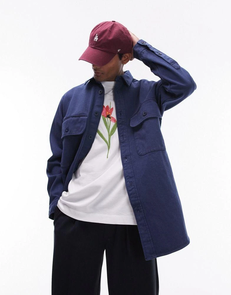 Topman Topman long sleeve oversized double pocket twill shirt in washed blue 1