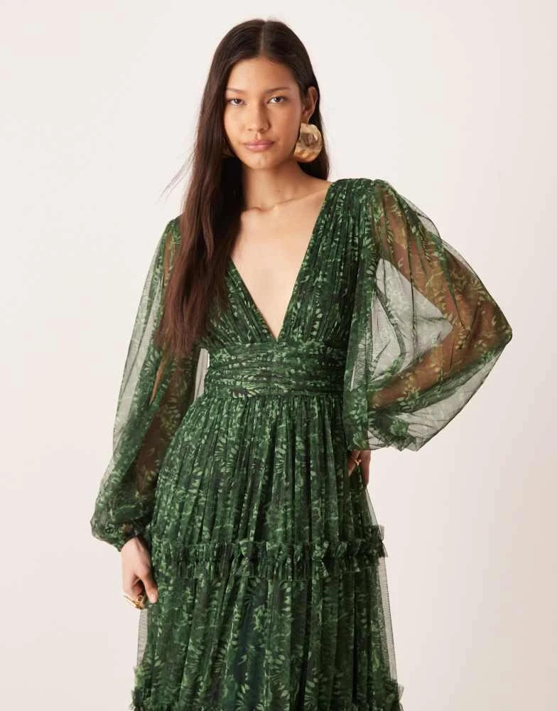 Lace & Beads deep v-neck sheer bell sleeves maxi dress in green floral