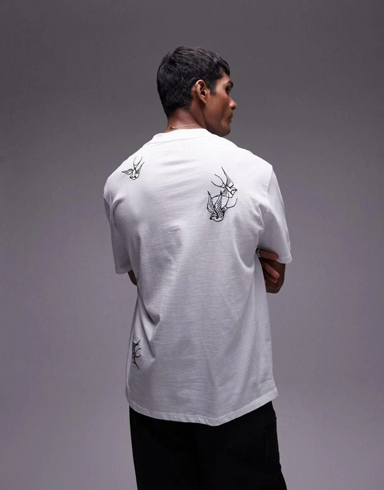 Topman Topman premium oversized fit t-shirt with swallow front and back embroidery in white 4