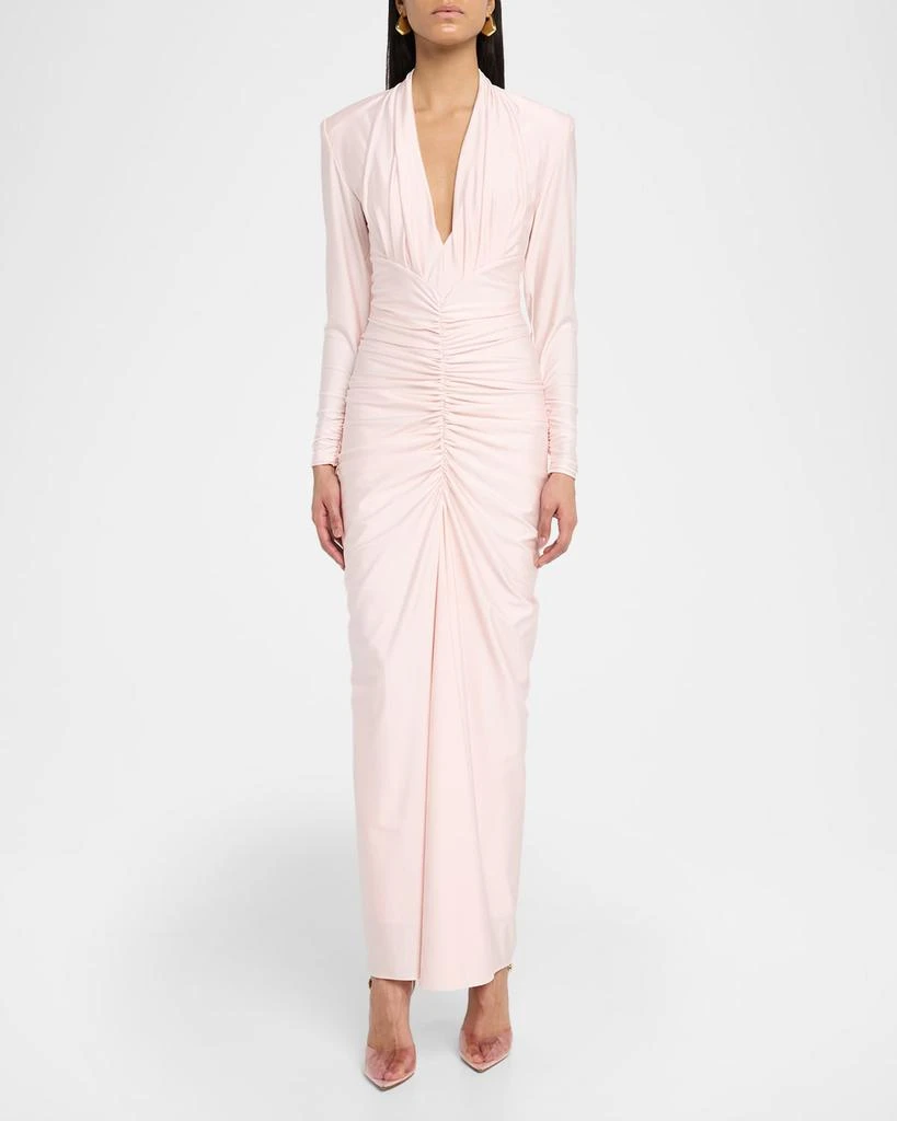 Et Ochs Georgina Deep V-Neck Ruched Jersey Column Gown, Shell, Women's, 8, Evening Formal Gala Gowns Mother of the Bride Groom Column Gowns