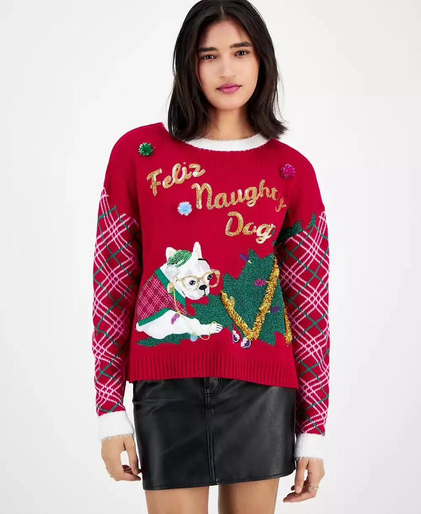 Hooked Up by IOT Juniors' Feliz Naughty Dog Christmas Sweater 1