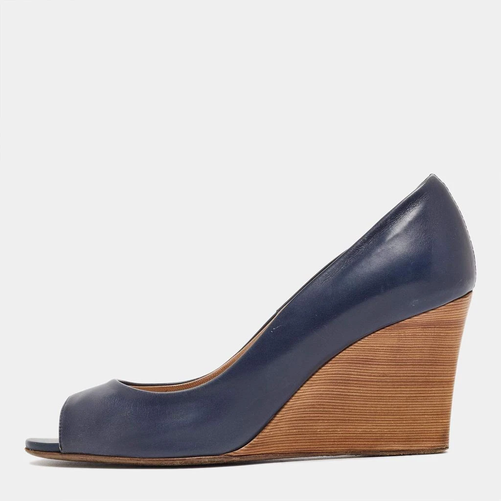 Tod's Tod's Navy Blue Leather Peep Toe Wedge Pumps Size 38 1