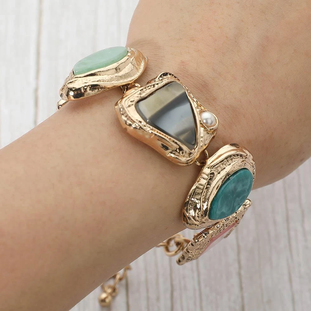 FASHNZFAB Bold Mixed Vintage Frame Stone Charm Link Statement Bracelet