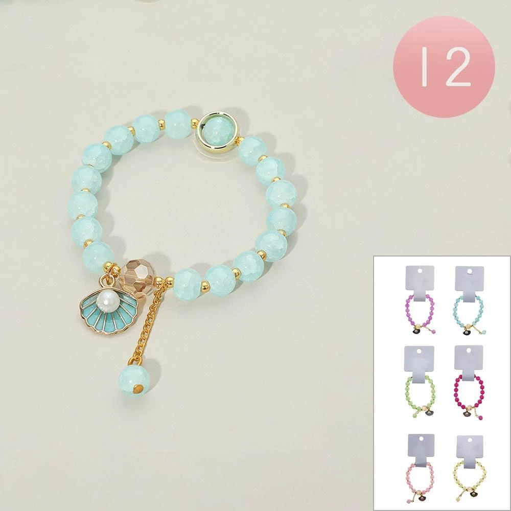 FASHNZFAB 12PCS - Pearl Accent Shell Charm Beaded Stretch Bracelets