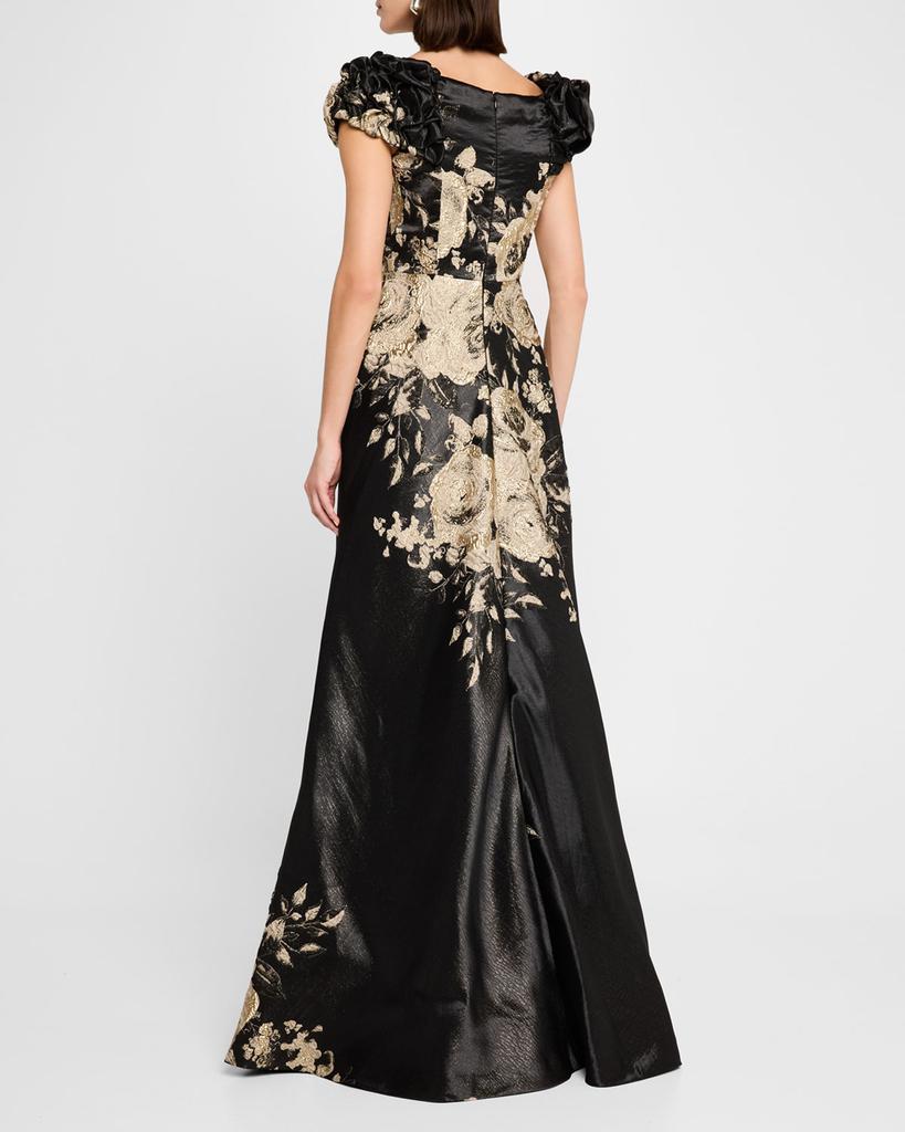 Teri Jon Cap-Sleeve Floral Metallic Jacquard Gown - Dresses