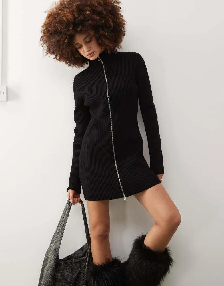 Weekday Weekday Laila high neck rib knitted mini dress with two-way zip in black 2