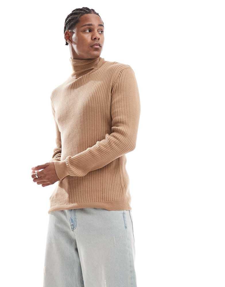 Brave Soul Brave Soul cotton ribbed roll neck jumper in tan