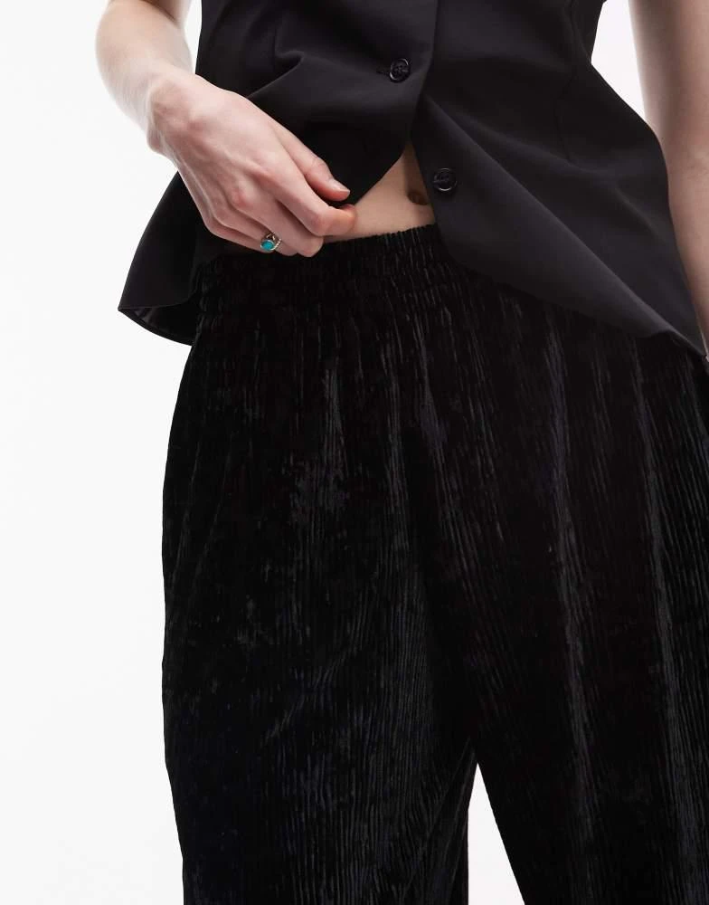 Topshop Tall Topshop Tall crushed velvet wide leg trouser with skinny waistband in black 4
