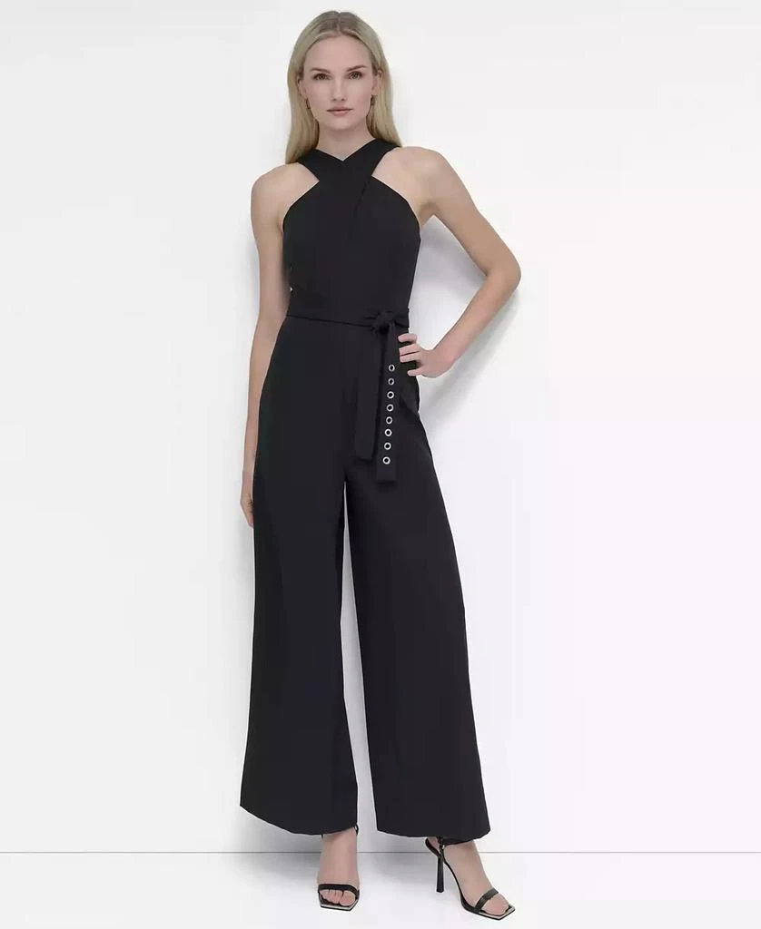 DKNY Women's Crisscross Halter Belted Wide-Leg Jumpsuit 1