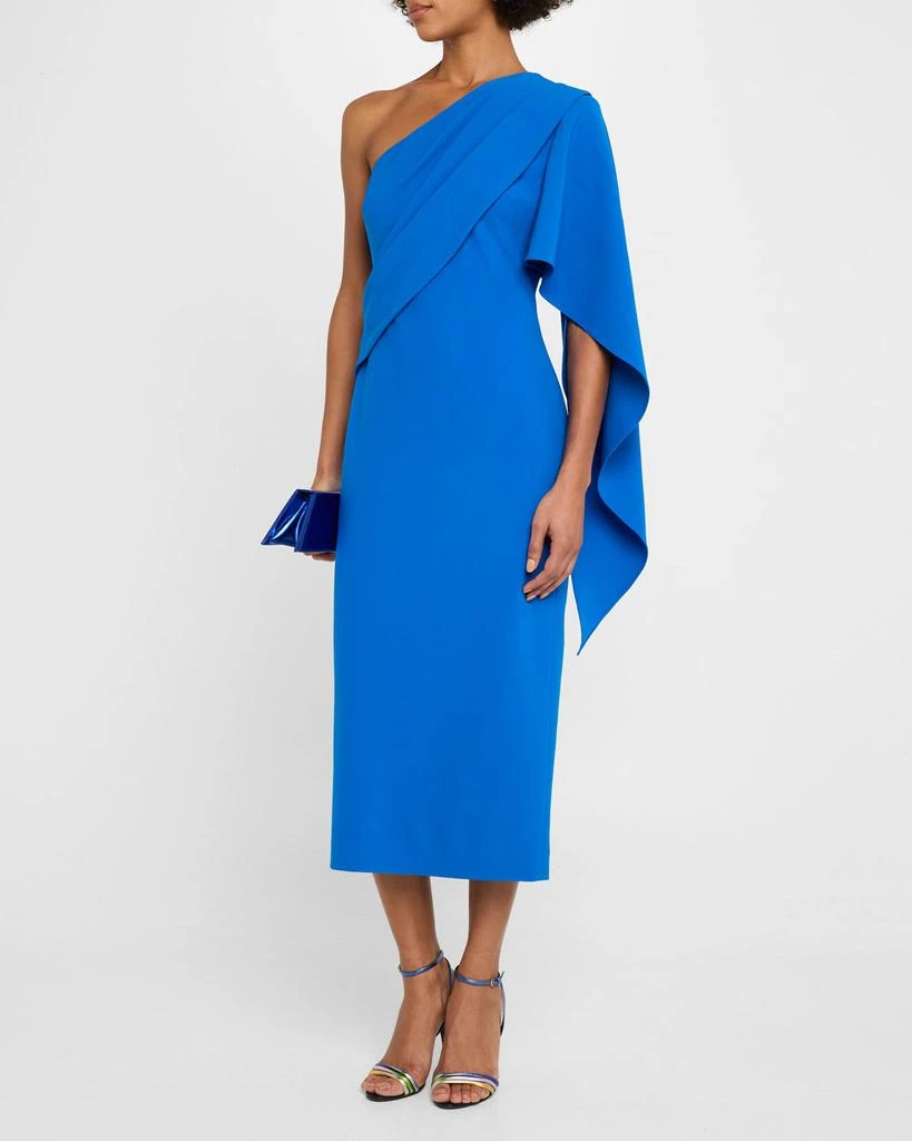 Badgley Mischka Draped One-Shoulder Stretch Crepe Midi Dress 4