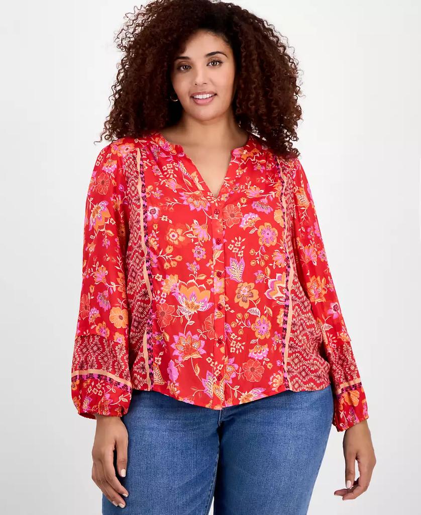 Liverpool Liverpool Plus Size Printed Blouson-Sleeve Button-Front Blouse