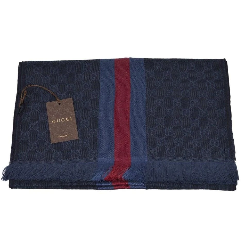 Gucci Gucci - Blue GG Monogram Stripe Wool Silk Blend Scarf