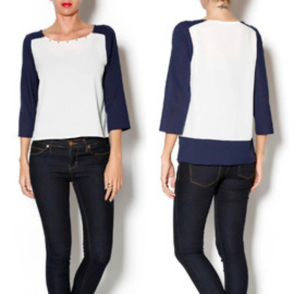 Double Zero Gold Studded Long Sleeve Top In Navy