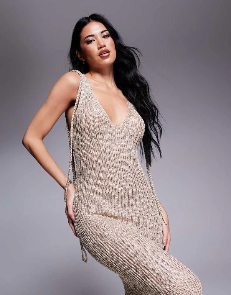 Wanderdoll Goldie shimmery knitted plunge neck tie cami sleeve maxi dress  in gold  On Sale Now with Up to 56% Off | Discover Exclusive Deals &  Savings at BeyondStyle  Authentic