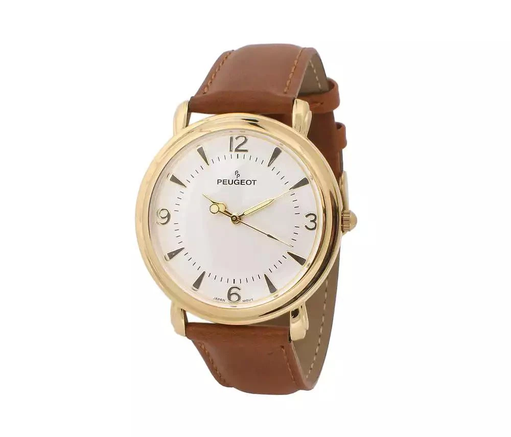 Peugeot Men 38mm Gold Retro Design Calf Skin Leather Strap watch 5