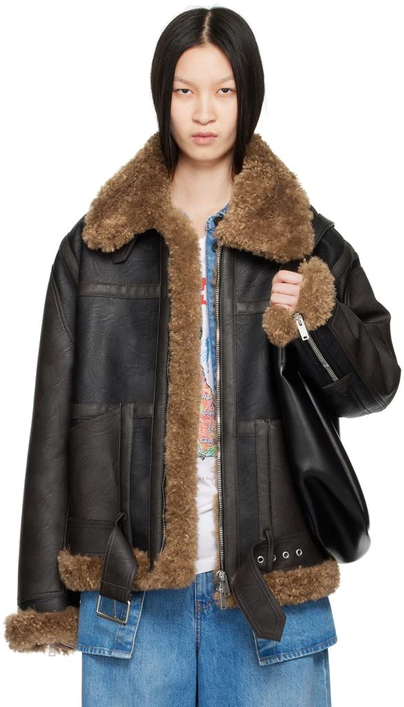 Stella McCartney Black & Brown Plush Teddy Faux-Leather Coat 1