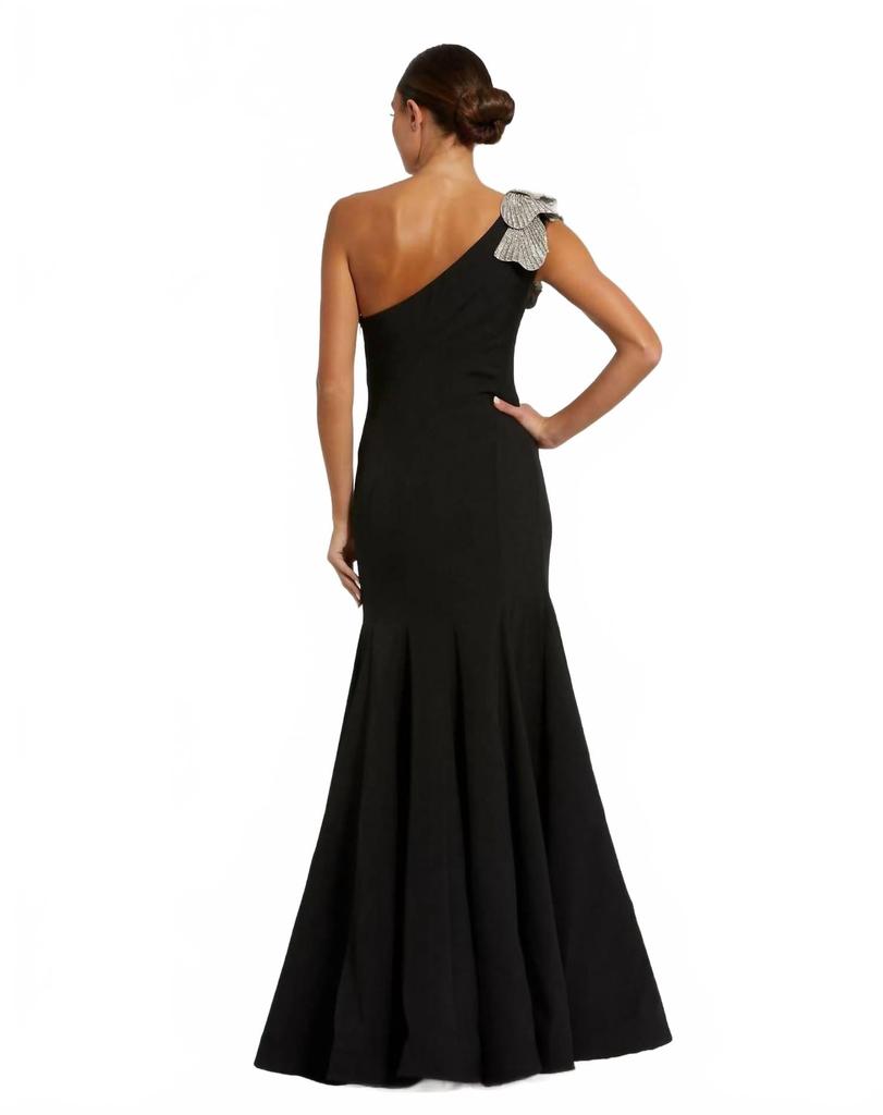 Mac Duggal Crepe One Shoulder Gown With Crystal Flower In Black