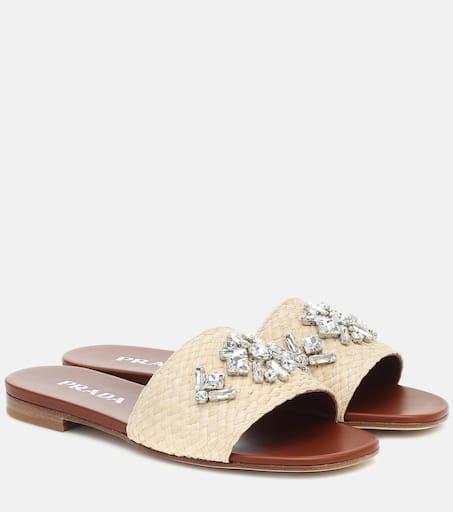 Prada Crystal-embellished raffia slides