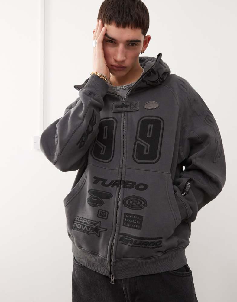 Shop Aape By A Bathing Ape motocross style hoodie in washed dark